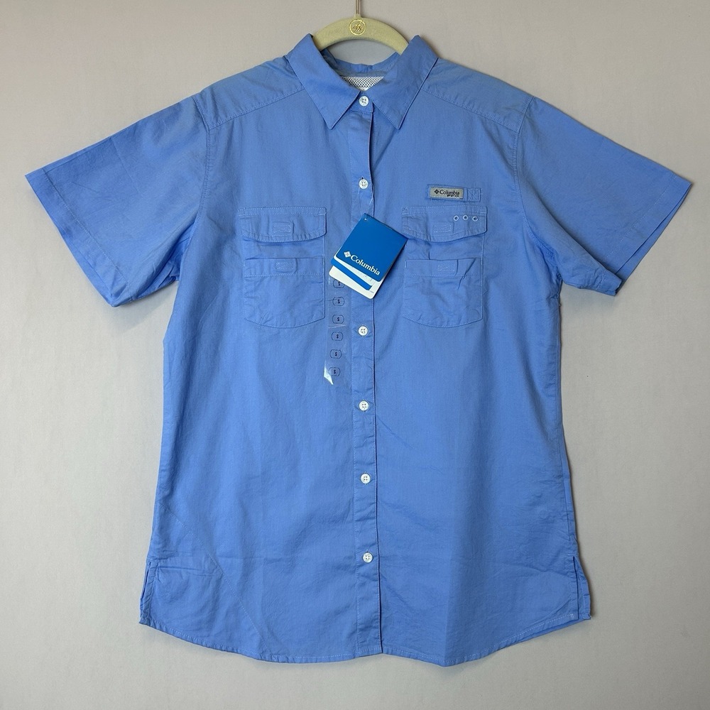 Columbia PFG Omni Shade Shirt Mens Small Blue Button Down Short Sleeve Collar